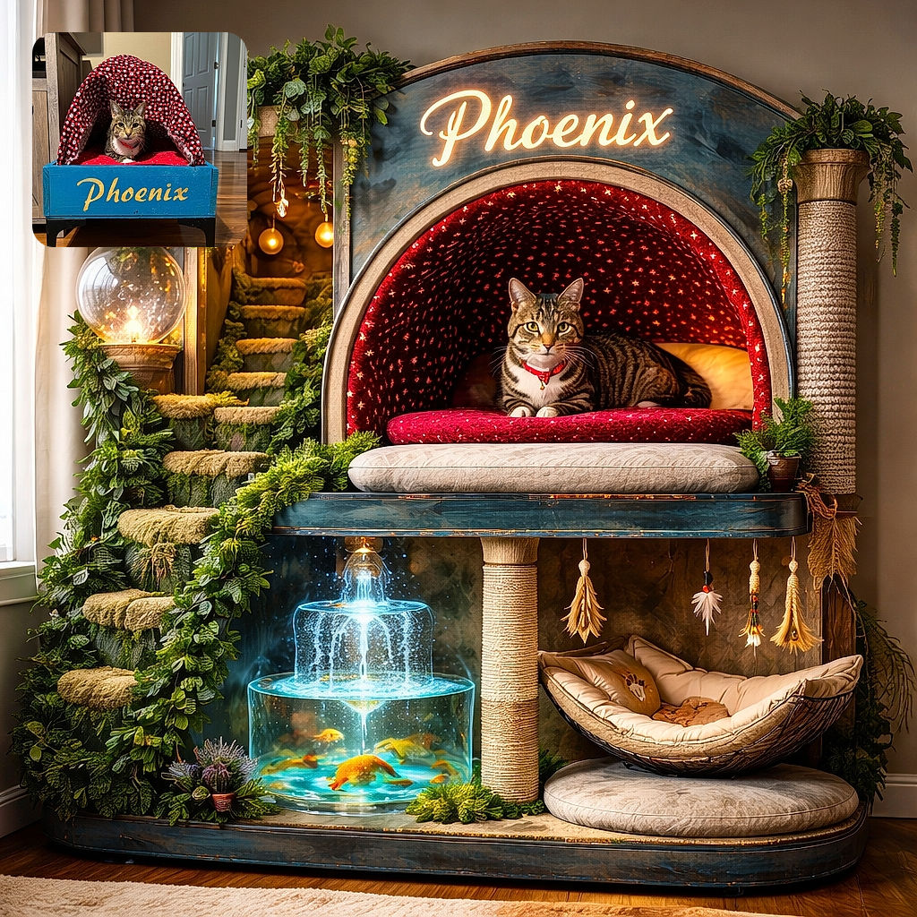 A regal tabby (Phoenix) lounges like royalty in a blue wooden bed with a red plaid hood — ears alert, whiskers perfectly groomed, and a tiny collar like a crown. The cozy scene is framed by a cabinet and an open doorway on a warm wooden floor; the cat clearly approves of its throne.
