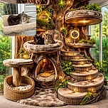 Two adorable kittens, one black and one tabby, snuggled closely together on a beige cat perch, looking curiously at the camera with a cozy outdoor backdrop.