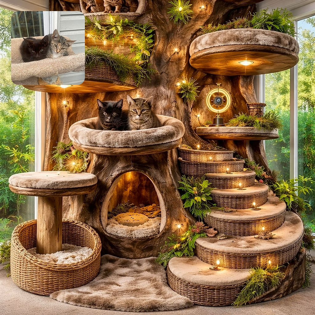 Two adorable kittens, one black and one tabby, snuggled closely together on a beige cat perch, looking curiously at the camera with a cozy outdoor backdrop.