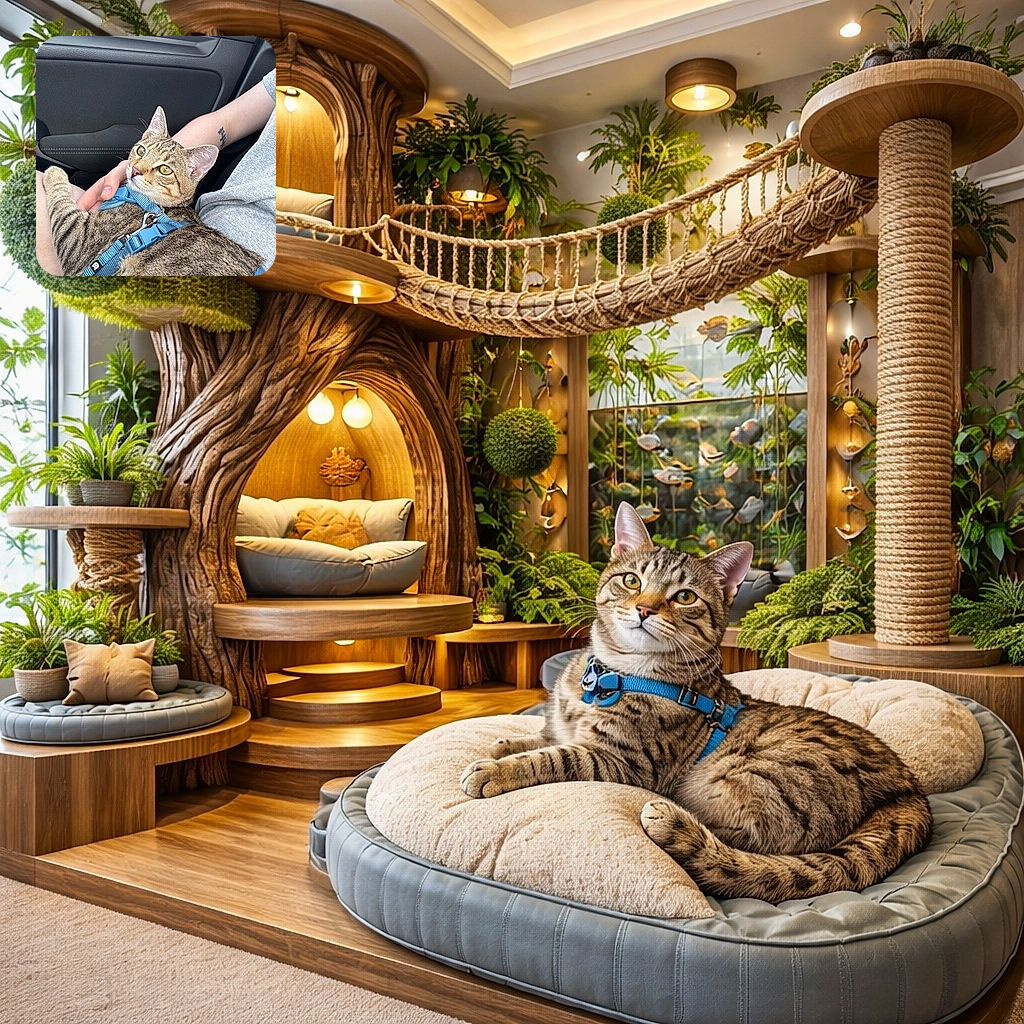 A relaxed tabby cat in a blue harness lounges on a person's lap inside a car, gazing out with sunlit green eyes like it's curating a tiny road-trip playlist; the human hand and tattoo provide supportive co-pilot vibes while the car door makes an unexpectedly stylish backdrop.