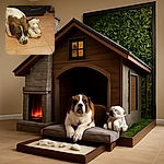 A large dog is lying on a tiled floor next to a cuddly white stuffed animal, looking peacefully relaxed as if contemplating the mysteries of life or just napping with a fluffy friend.