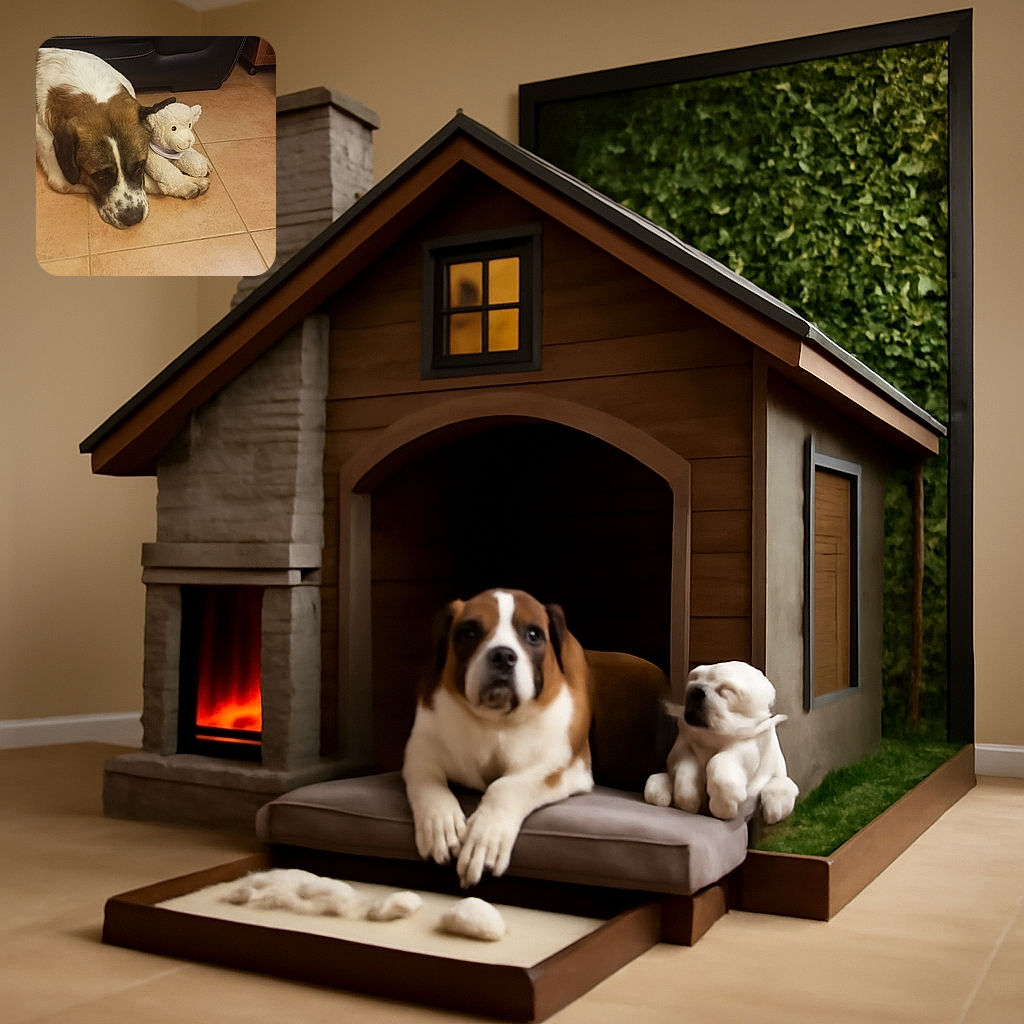 A large dog is lying on a tiled floor next to a cuddly white stuffed animal, looking peacefully relaxed as if contemplating the mysteries of life or just napping with a fluffy friend.