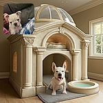 A playful white puppy sticks its tongue out while nestled between cozy cushions and colorful clothing, looking ready to brighten anyone's day with puppy charm.