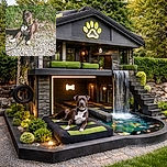 A relaxed dog lounges on a gravel path basking in the sunlight with a backdrop of lush green grass and yellow wildflowers, looking like it's enjoying a well-deserved sunny break.