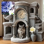 A close-up photo of a fluffy gray cat sniffing or inspecting a white flower on the ground surrounded by leaves and grass, with a slightly overexposed flower and visible texture on the cat's fur.