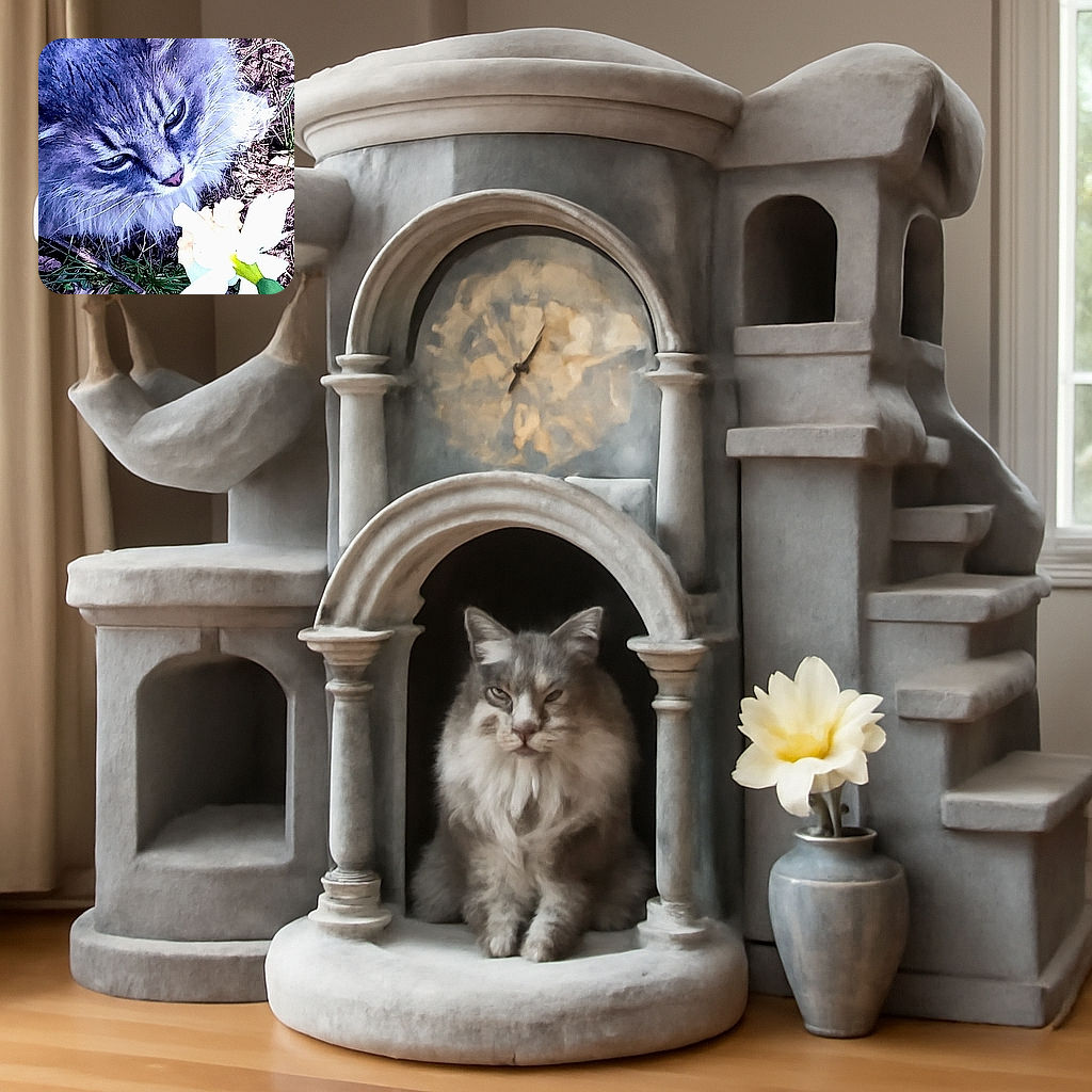 A close-up photo of a fluffy gray cat sniffing or inspecting a white flower on the ground surrounded by leaves and grass, with a slightly overexposed flower and visible texture on the cat's fur.