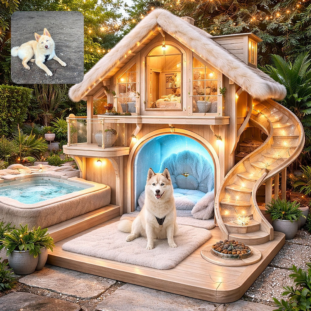 A fluffy cream-colored dog with striking blue eyes lounges on a patch of dirt, looking curiously at the camera with a slight head tilt, wearing a black harness and surrounded by a rustic outdoor setting.