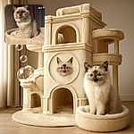 A fluffy, cream-colored cat with striking blue eyes sits majestically on a soft, plush cat bed, looking thoughtfully into the distance as if pondering the mysteries of the universe.