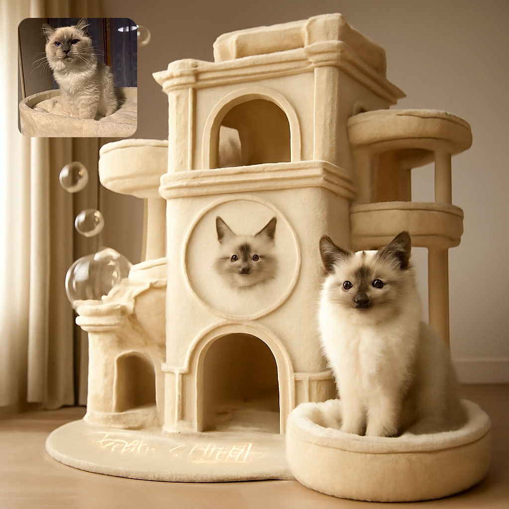 A fluffy, cream-colored cat with striking blue eyes sits majestically on a soft, plush cat bed, looking thoughtfully into the distance as if pondering the mysteries of the universe.