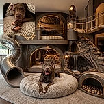A cozy brown dog is tucked under a patterned blanket, staring into the camera with the solemn expression of a tiny philosopher who has just discovered paws can also be pillows. One paw is dramatically stretched toward the viewer like a furry hand reaching for the snooze button.