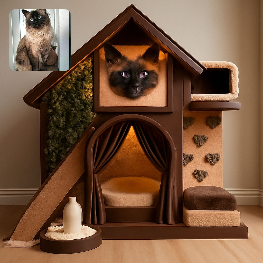 A majestic fluffy cat with piercing blue eyes sits regally on a wooden surface, looking slightly upward with a poised and curious expression. The soft natural light highlights its luxurious fur, while the simple indoor background keeps the focus on the feline royalty.