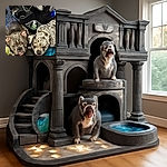 Two muscular dogs with distinct coat patterns are resting on a vehicle floor, surrounded by everyday items like a hand sanitizer bottle and a chew toy, looking up with curious expressions.