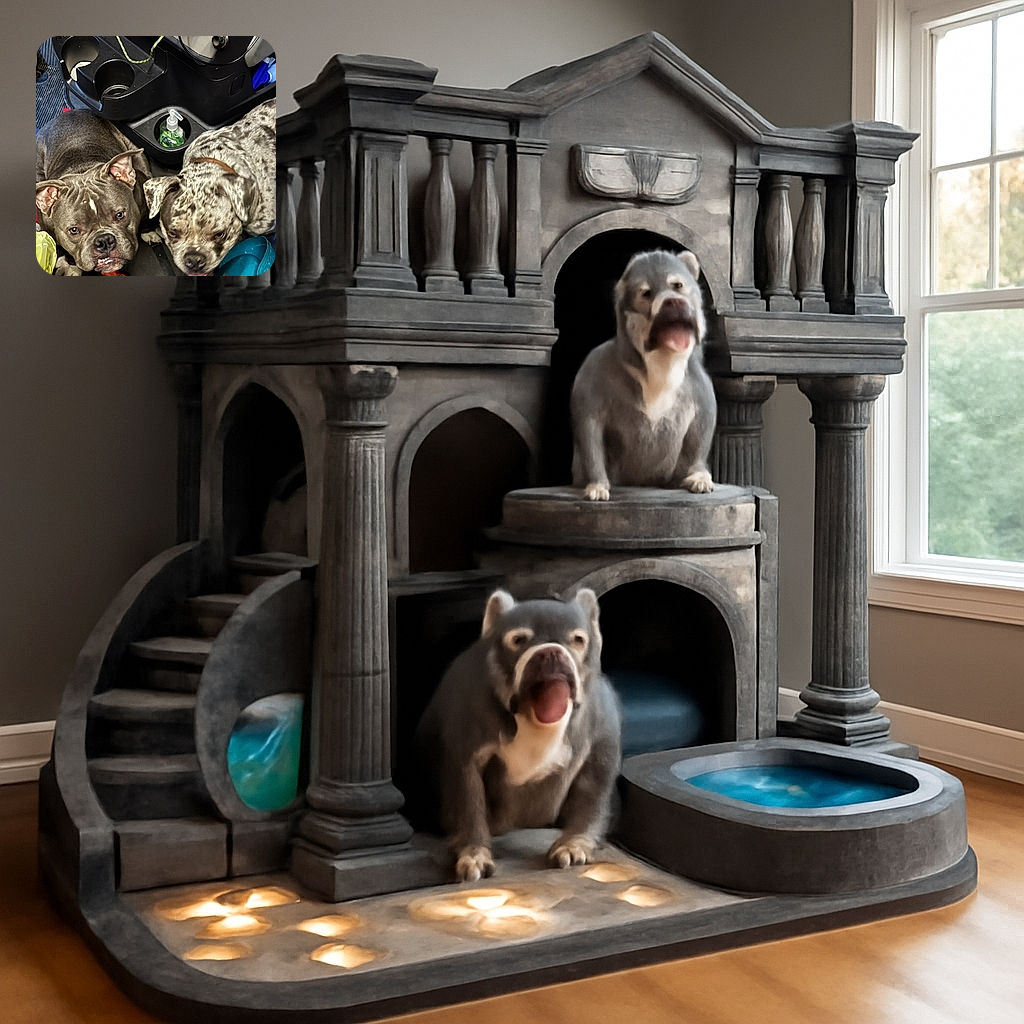 Two muscular dogs with distinct coat patterns are resting on a vehicle floor, surrounded by everyday items like a hand sanitizer bottle and a chew toy, looking up with curious expressions.