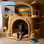 A happy dog with a blue harness lounges on a sandy dune at sunset, tongue out and leash loosely lying in the sand nearby. A pair of sneakers sits close by, while a few people explore the dunes and forest in the background under a soft pastel sky.