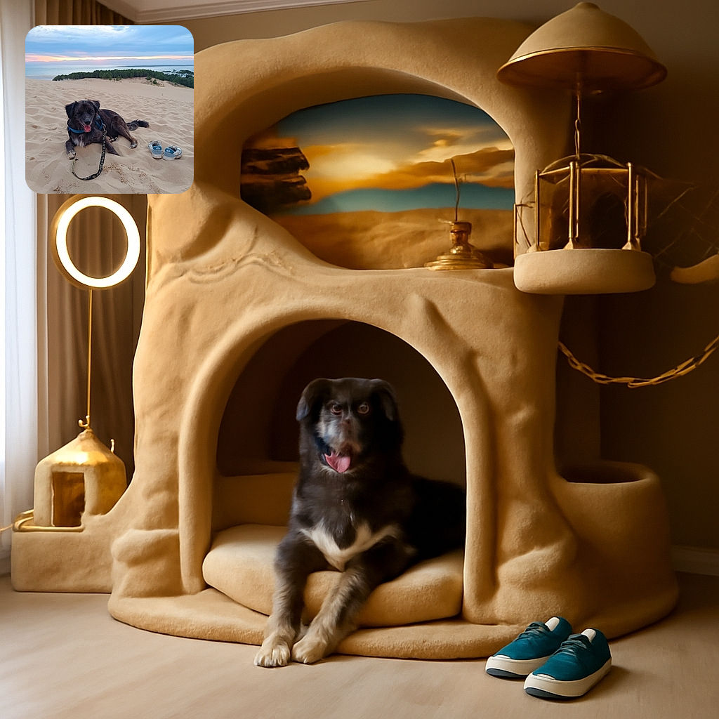 A happy dog with a blue harness lounges on a sandy dune at sunset, tongue out and leash loosely lying in the sand nearby. A pair of sneakers sits close by, while a few people explore the dunes and forest in the background under a soft pastel sky.