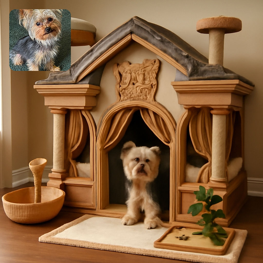 A fluffy, curious Yorkshire Terrier sits on a textured green carpet, tilting its head with big, shiny eyes and tousled fur, looking like it's ready to charm anyone who passes by.