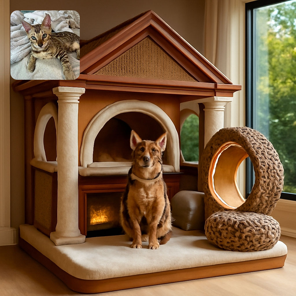 A strikingly beautiful tabby cat lounges comfortably on a soft, cozy bed covered with fluffy blankets, its piercing green eyes locked onto the camera with a look of calm curiosity.
