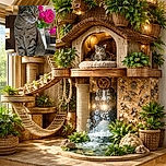 A curious tabby cat with striking green eyes sits elegantly on a kitchen counter next to a vase of vibrant pink flowers, looking off to the side as if plotting its next playful adventure.