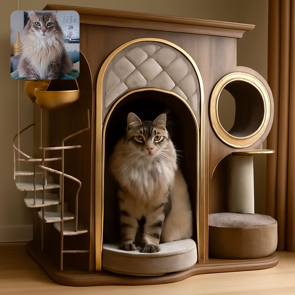 A majestic fluffy cat with piercing green eyes sits regally on a soft teal blanket, its luxurious fur perfectly groomed, while a cozy, softly lit living room provides a calm and inviting background.