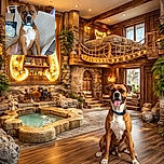 A serious-looking brown and white dog with a blue collar sits upright on a cozy beige couch, giving the impression it's waiting for a royal decree or a treat, with a cheerful 'happy' pillow and a tidy home background.