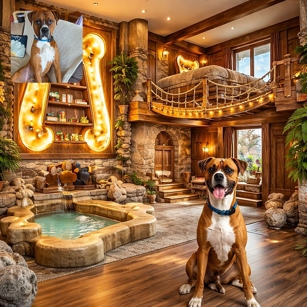 A serious-looking brown and white dog with a blue collar sits upright on a cozy beige couch, giving the impression it's waiting for a royal decree or a treat, with a cheerful 'happy' pillow and a tidy home background.