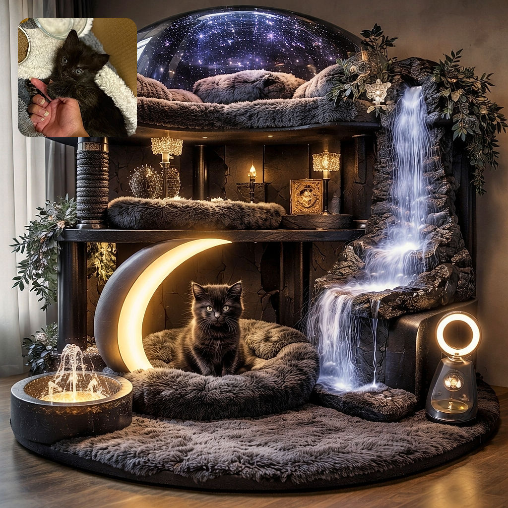 A tiny black kitten clutching a human finger with its paws, nestled comfortably on soft blankets inside a cardboard box with food and water bowls nearby, looking up with curious, shiny eyes.