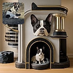 A black and white French Bulldog sits on an asphalt surface near a stone wall, soaking up the sunlight with a serious expression, casting a shadow that looks like a tiny hat.