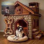 A majestic St. Bernard dog lies calmly on a rustic dirt field at sunset, gazing thoughtfully into the distance with a serene sky and soft clouds painting the background.