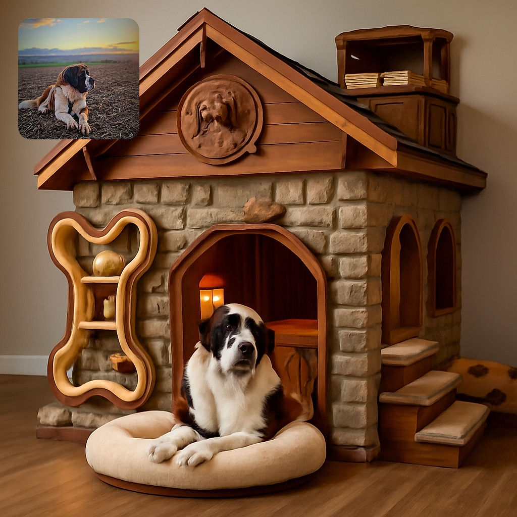 A majestic St. Bernard dog lies calmly on a rustic dirt field at sunset, gazing thoughtfully into the distance with a serene sky and soft clouds painting the background.