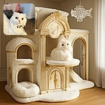 A fluffy white cat with big, expressive eyes and a pink nose stares curiously at the camera, perched comfortably on a soft surface with a blurred, cozy indoor background.