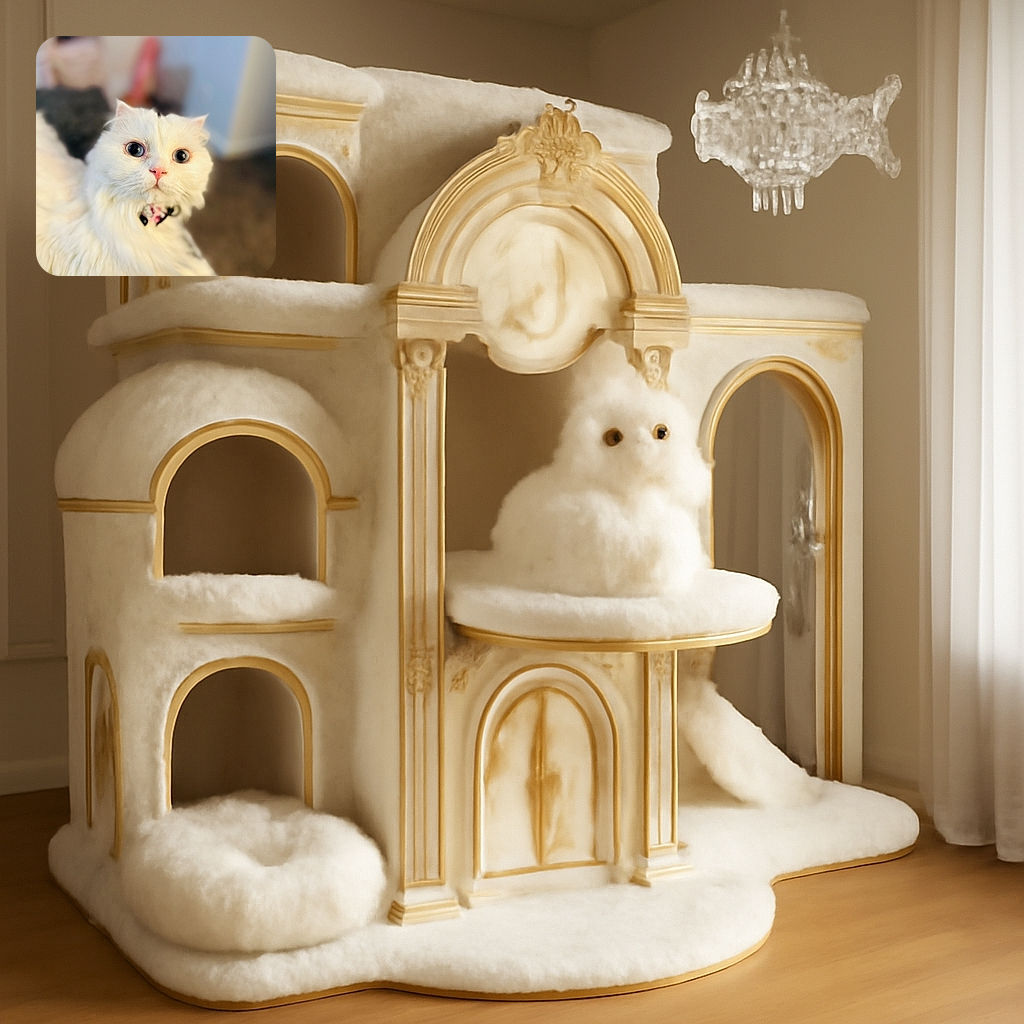 A fluffy white cat with big, expressive eyes and a pink nose stares curiously at the camera, perched comfortably on a soft surface with a blurred, cozy indoor background.