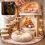 A cozy cat with striking dark markings lounges comfortably on a soft pink blanket adorned with floral patterns, gazing curiously at the camera with a calm and relaxed expression.