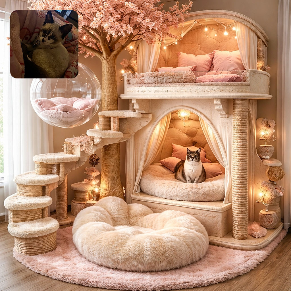 A cozy cat with striking dark markings lounges comfortably on a soft pink blanket adorned with floral patterns, gazing curiously at the camera with a calm and relaxed expression.