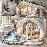 A fluffy white dog, possibly a husky or similar breed, lounging comfortably on a textured blanket with a slightly sleepy expression and tongue peeking out. The background includes framed artwork on a wall, and there's a watermark text overlay at the bottom left corner indicating the photo was shot on a Moto G Play in 2023.