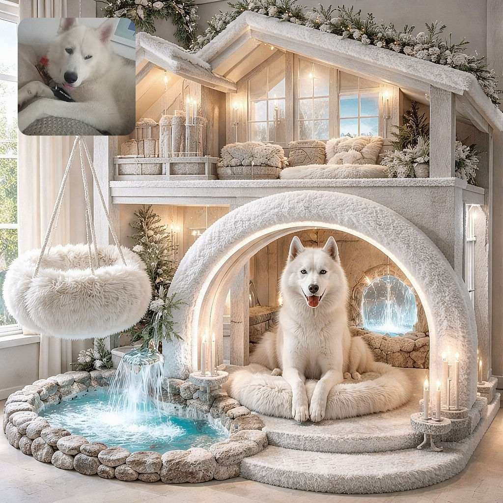 A fluffy white dog, possibly a husky or similar breed, lounging comfortably on a textured blanket with a slightly sleepy expression and tongue peeking out. The background includes framed artwork on a wall, and there's a watermark text overlay at the bottom left corner indicating the photo was shot on a Moto G Play in 2023.