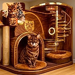 A wide-eyed Bengal cat sits majestically in front of a festive, blue-decorated Christmas tree, surrounded by holiday clutter including a bowl, a bottle, and some scattered wrapping paper, looking like the true king of the holiday chaos.