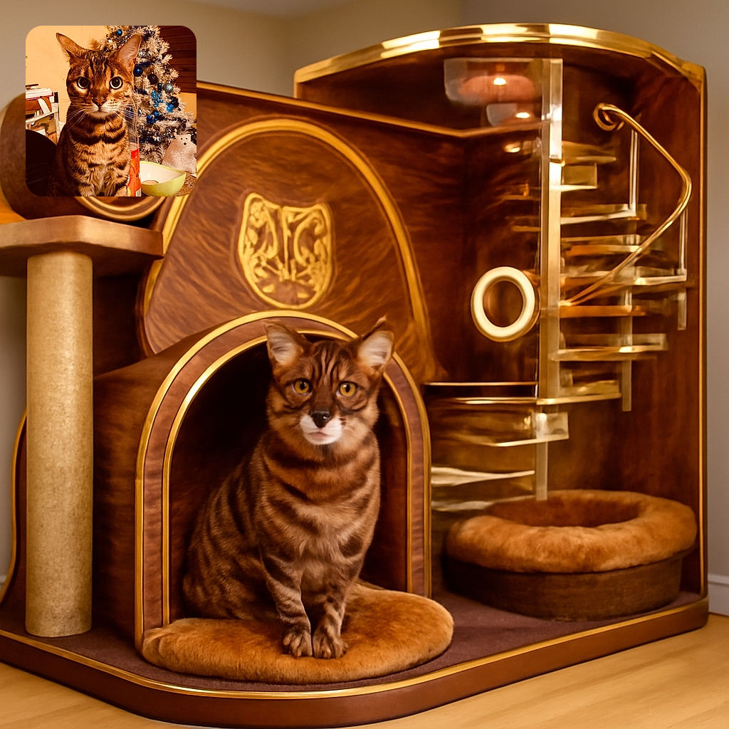 A wide-eyed Bengal cat sits majestically in front of a festive, blue-decorated Christmas tree, surrounded by holiday clutter including a bowl, a bottle, and some scattered wrapping paper, looking like the true king of the holiday chaos.