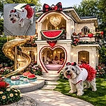 A fluffy dog dressed in a cute white shirt with a watermelon print and a red polka-dot tutu skirt, topped off with a matching red and black bow on its head, stands happily on a concrete patio with its tongue out, radiating pure adorable charm.