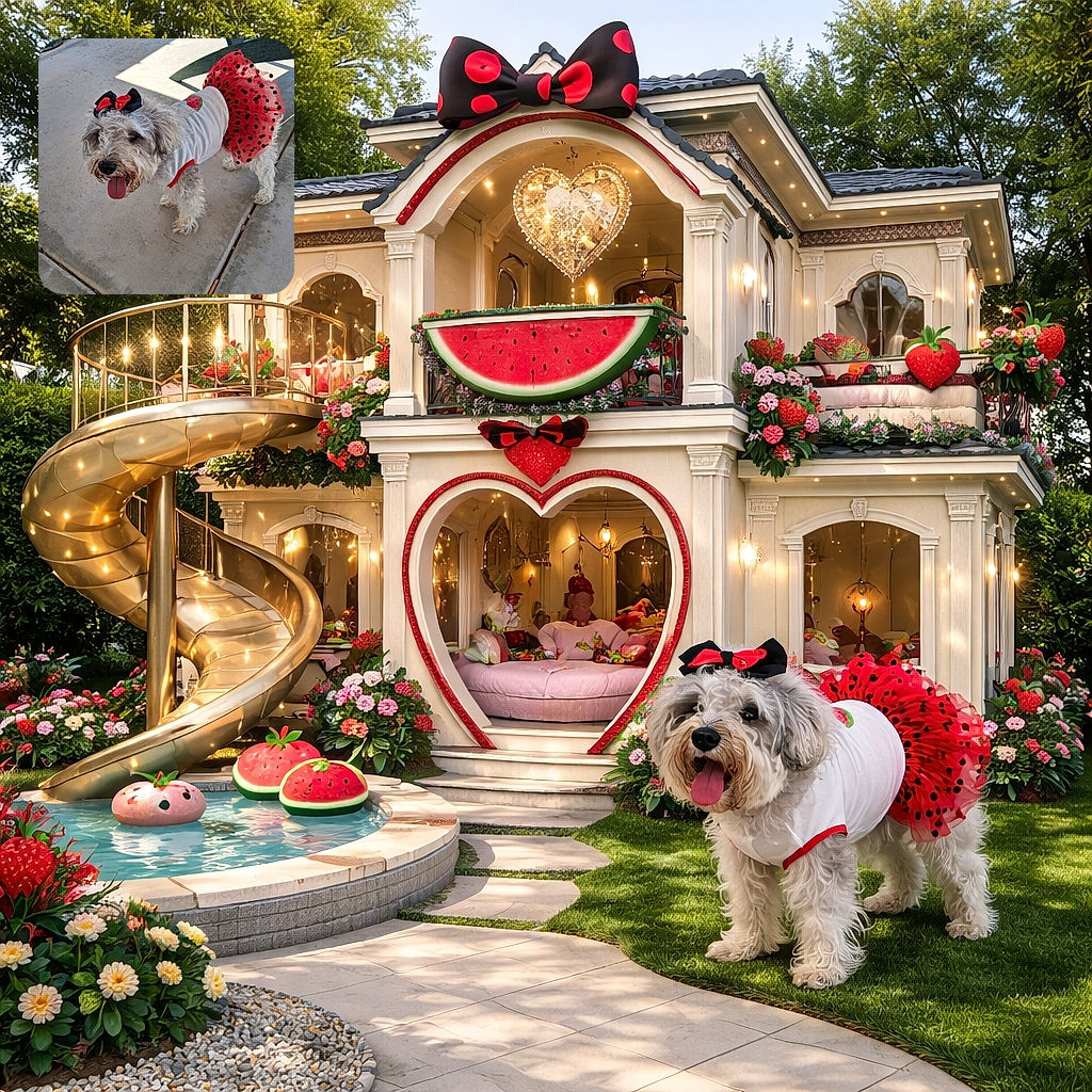 A fluffy dog dressed in a cute white shirt with a watermelon print and a red polka-dot tutu skirt, topped off with a matching red and black bow on its head, stands happily on a concrete patio with its tongue out, radiating pure adorable charm.