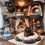 A fluffy black Pomeranian dog sits happily on a patterned bedspread, tongue out and eyes bright, with a cozy room featuring a TV and fireplace in the background.