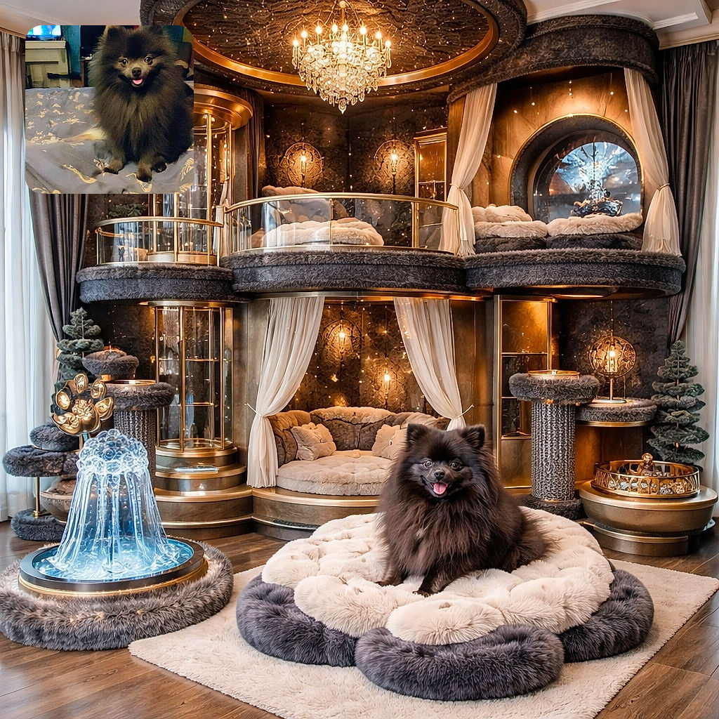 A fluffy black Pomeranian dog sits happily on a patterned bedspread, tongue out and eyes bright, with a cozy room featuring a TV and fireplace in the background.