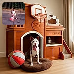 A playful dog standing on an asphalt surface with a red and gray ball attached to its leash, looking excited with its tongue out and ears perked up, set against a backdrop of a fence and greenery.