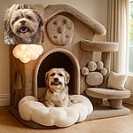 A fluffy, happy dog with big, sparkling eyes and a wide-open mouth looks excited and ready to play, with a cozy carpet and a patterned rug in the background.