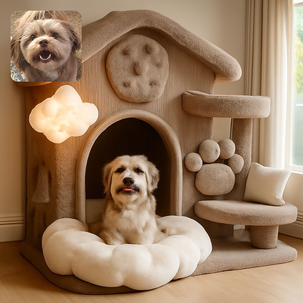 A fluffy, happy dog with big, sparkling eyes and a wide-open mouth looks excited and ready to play, with a cozy carpet and a patterned rug in the background.
