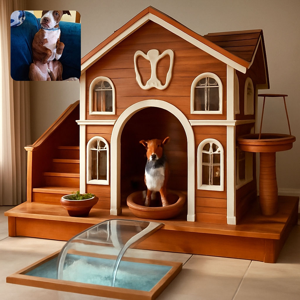 A charming brown and white dog sits upright on a plush blue couch, looking curiously at the camera with wide eyes and floppy ears. The dog's paws are bent in a playful, almost human-like pose, and a cozy blanket is draped over the armrest nearby. The background shows a warm, softly lit room with neutral walls and wooden furniture.