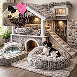 A cute black and white puppy lounging comfortably in a fluffy gray dog bed with a paw-print blanket, next to a bright pink plush toy, looking up with curious eyes in a cozy indoor setting.