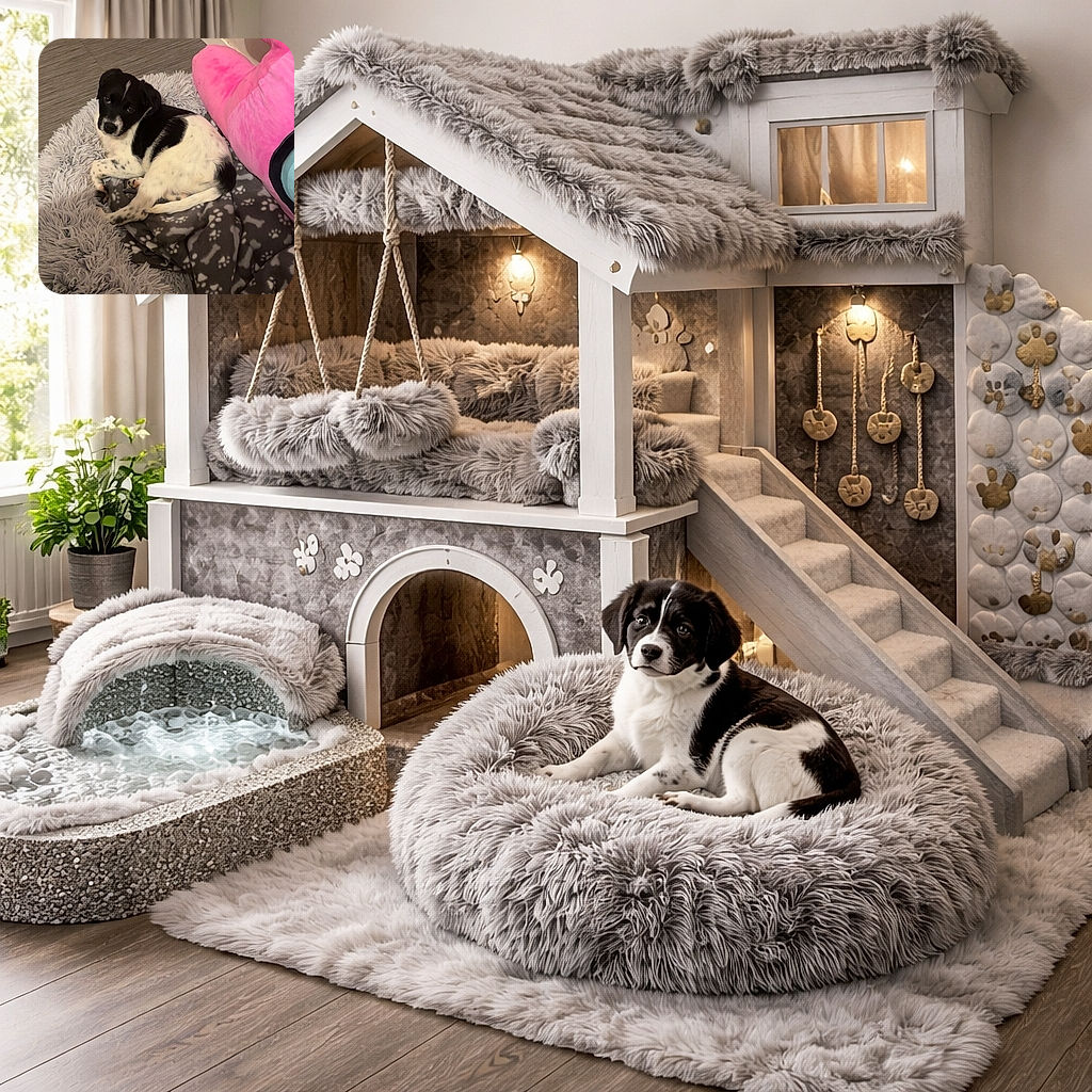 A cute black and white puppy lounging comfortably in a fluffy gray dog bed with a paw-print blanket, next to a bright pink plush toy, looking up with curious eyes in a cozy indoor setting.