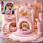 A tiny dog in an oversized fluffy pink hood and ribbon looks like it just attended a royal tea party and is now judging your snack choices — huge, soulful eyes, a button nose poking out, and enough fluffy texture to rival a cloud.