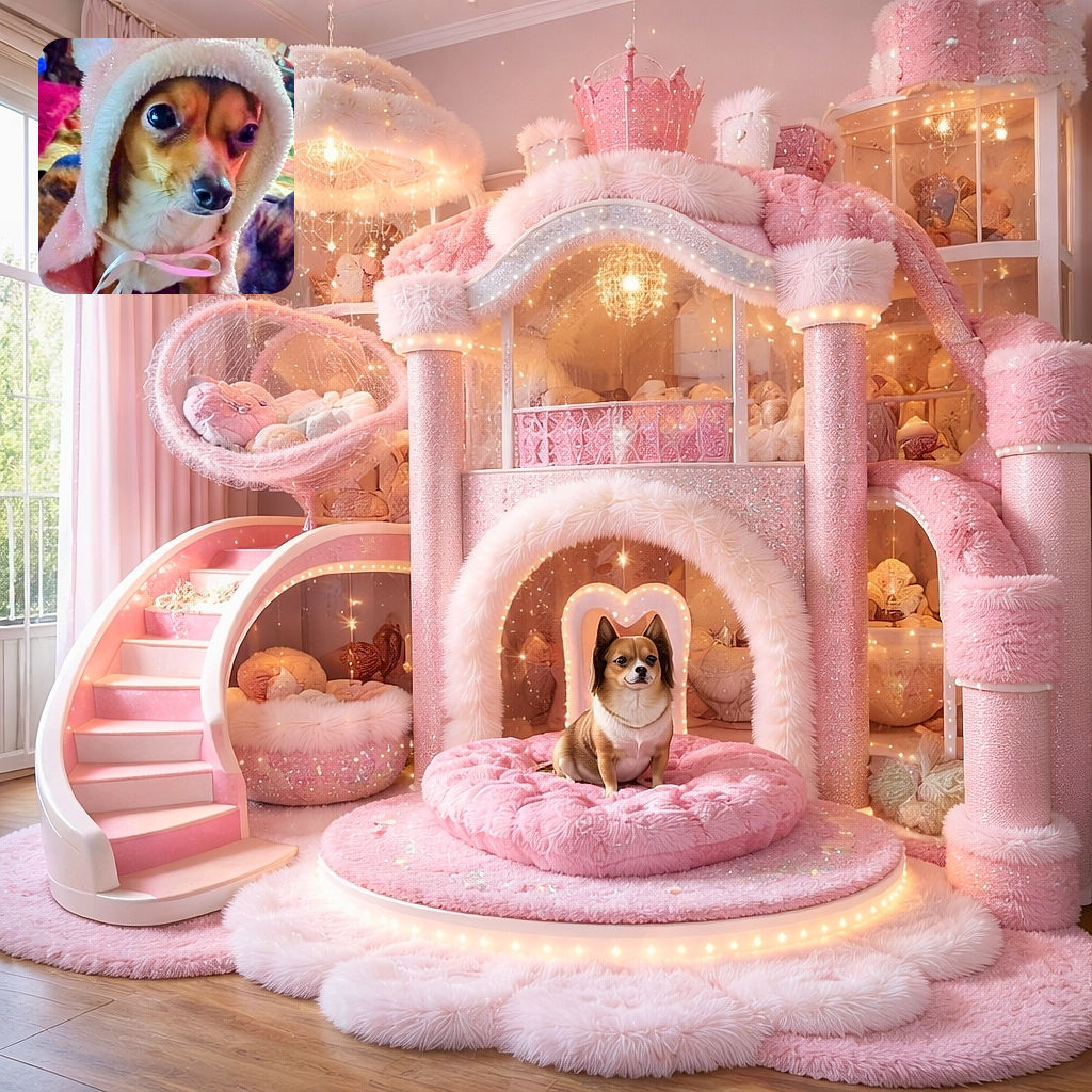 A tiny dog in an oversized fluffy pink hood and ribbon looks like it just attended a royal tea party and is now judging your snack choices — huge, soulful eyes, a button nose poking out, and enough fluffy texture to rival a cloud.