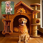 A happy golden retriever sits on the grass with a bright sunflower-patterned bandana, tongue out and eyes squinting in a joyful smile, perfectly capturing a sunny day vibe.